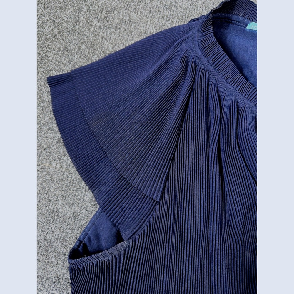 J.McLaughlin Navy Blue Pleated Midi Dress Flutter Sleeve V-Neck Tie Large - Picture 4 of 7